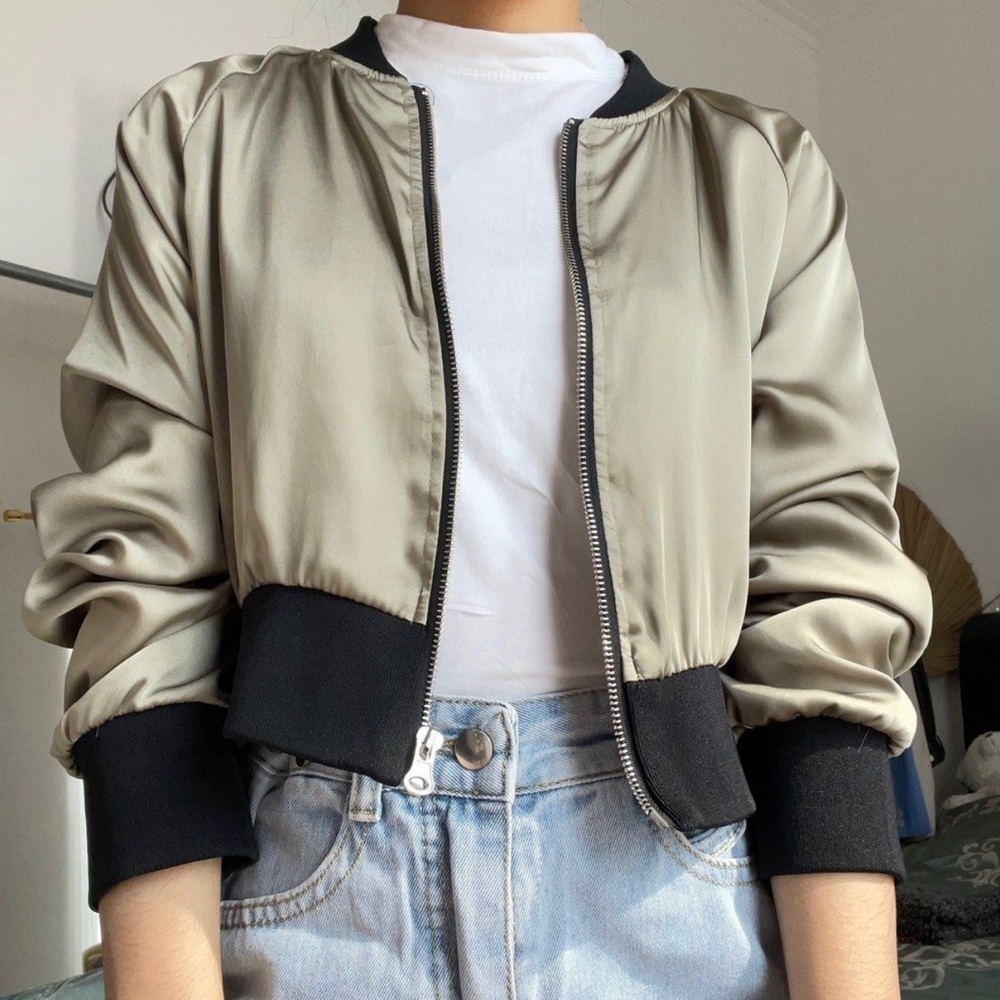 Zara Satin Cropped Bomber Jacket Olive Green Size L